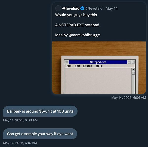 The image features a retro-style Notepad.exe interface displayed on a wooden surface, accompanied by a Twitter conversation about a potential product.