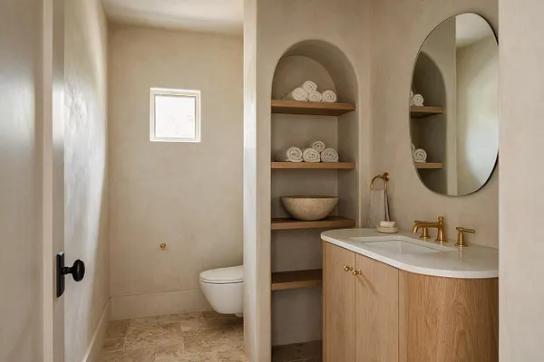 A compact powder room with soft beige plaster walls, a wood vanity with a white countertop, and brass faucet hardware. Open arched niches with wood shelves hold rolled towels and a stone bowl, while an oval mirror and warm stone floor complete the serene organic modern look.