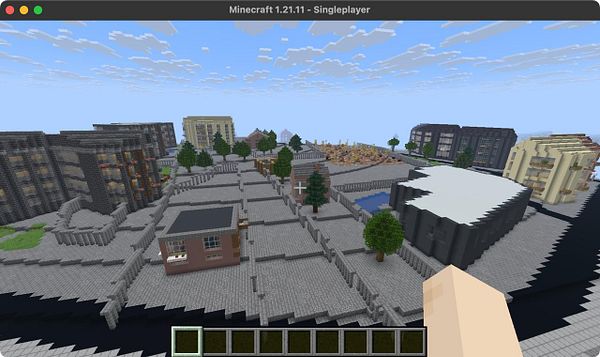 A Minecraft map image showing a coastal town with buildings, roads, and surrounding water under a cloudy sky.