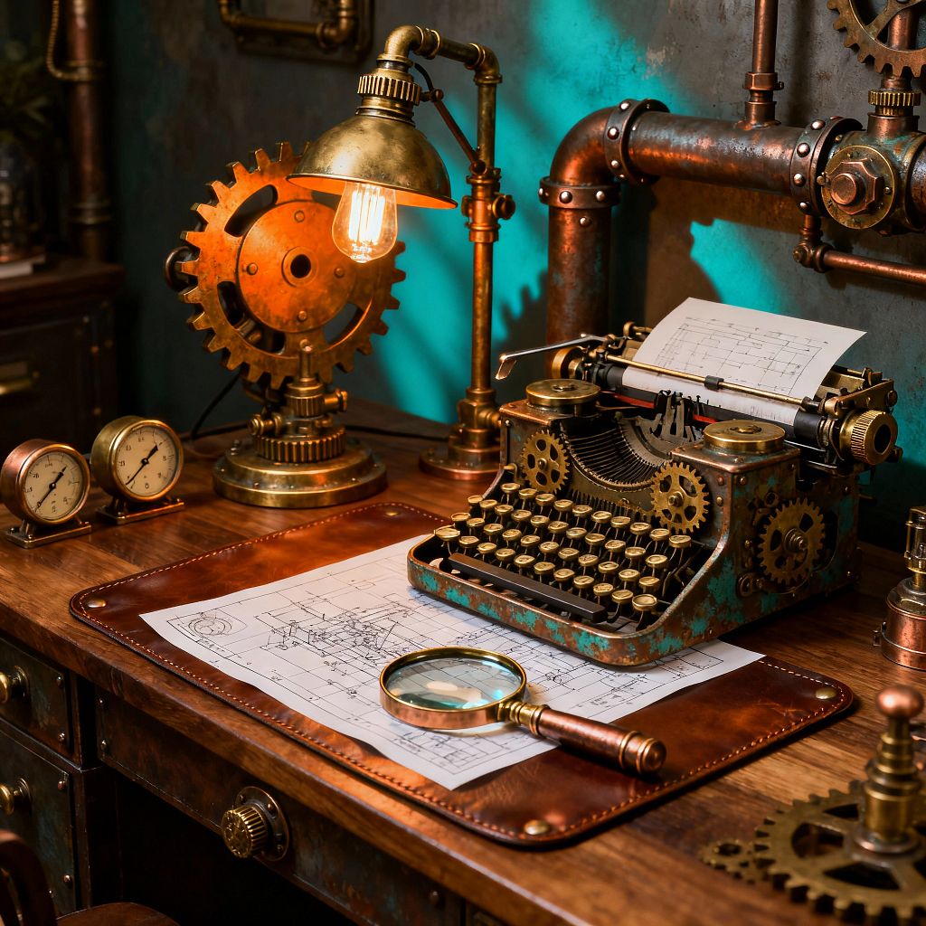 A close-up of a steampunk home office desk features an antique walnut surface with a stitched brown leather desk pad, a verdigris brass typewriter with exposed gears, and an Edison-bulb brass lamp beside a large gear. Exposed copper pipes and a distressed metal wall provide the backdrop. Technical blueprints lie beneath a brass-handled magnifying glass, while twin pressure gauges and riveted hardware complete the industrial, vintage laboratory feel.