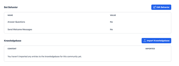 The image displays a user interface for configuring bot behavior and knowledgebase settings.