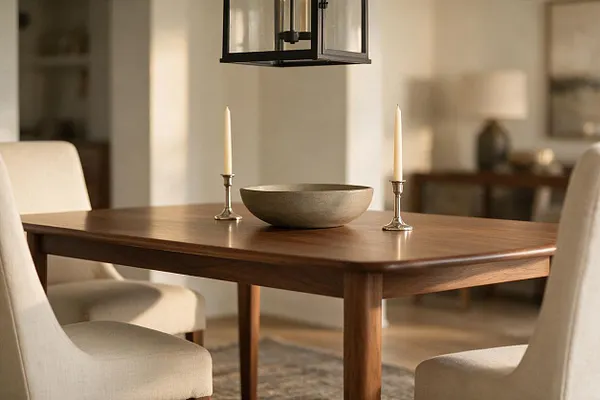 A Transitional dining nook with a rectangular walnut table, four upholstered cream dining chairs, and a simple ceramic bowl centerpiece flanked by two slim candlesticks. A black lantern pendant hangs overhead, while soft beige walls and a muted rug create a calm, elegant atmosphere.