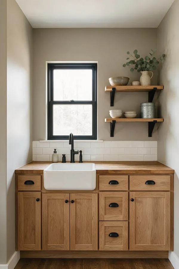A compact farmhouse-style studio apartment bathroom with a natural oak vanity, white apron-front sink, and matte black faucet under a black-framed window. White subway tile backsplash and floating wood shelves with simple ceramics and greenery add warmth and charm.