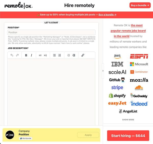 The image displays a job posting interface from Remote OK, highlighting the position and job description fields.