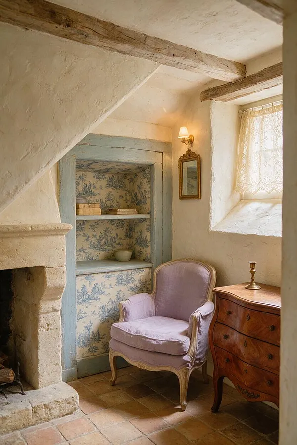 A cozy French Country basement corner with exposed wooden ceiling beams, rough plaster walls, and a stone fireplace. A pale lavender upholstered chair sits beside a curved wooden dresser, with a built-in shelving alcove lined in toile wallpaper and a softly lit window with lace curtains.