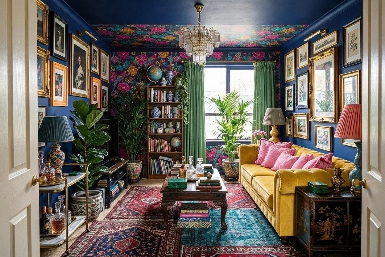 The same Maximalist living room in the Midnight Garden palette: midnight blue, mustard, peony pink, leaf green, and brass