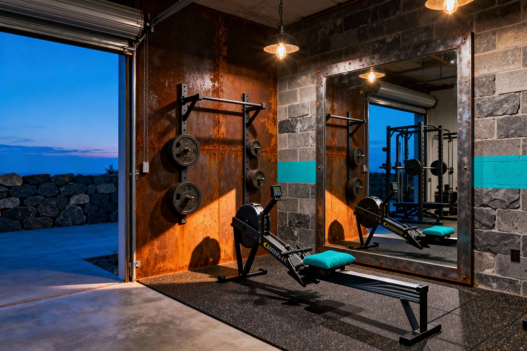 An industrial-style home gym opens to the outdoors through a roll-up garage door, revealing a rusted Corten steel wall fitted with a pull-up bar and wall pegs holding weight plates. A black rowing machine with a teal cushion faces a large mirror framed in raw, riveted steel. The adjacent wall is gray cinder block with a turquoise stripe, the floor combines concrete with speckled rubber mats, and Edison pendants cast warm light at dusk.