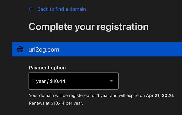 The image displays a domain registration interface for url2og.com.