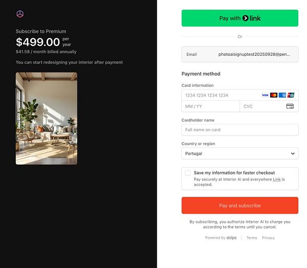 The image displays a Stripe Checkout interface for subscribing to a premium service.