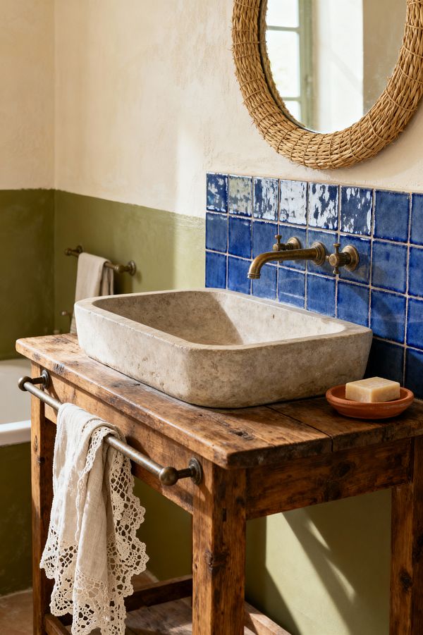 Close-up of a rustic French Country bathroom vanity with a square limestone vessel sink set on a weathered wood table. Cobalt blue handmade tiles back a patinated brass wall-mounted faucet, with a woven rattan round mirror above; the two-tone walls show warm cream plaster over olive limewash, and a linen towel with lace hangs from a brass rail beside a terracotta soap dish.