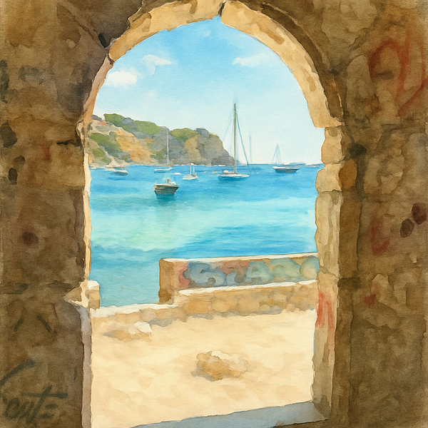 A picturesque view of a coastal scene framed by an archway.