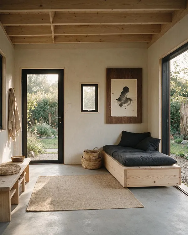 A calm backyard room in Japandi style with a pale wood ceiling, smooth white walls, and black-framed doors and windows opening to a leafy garden. Inside are a low pine daybed with dark cushions, a woven jute rug, a rustic wooden bench, and basket storage for a warm minimalist look.