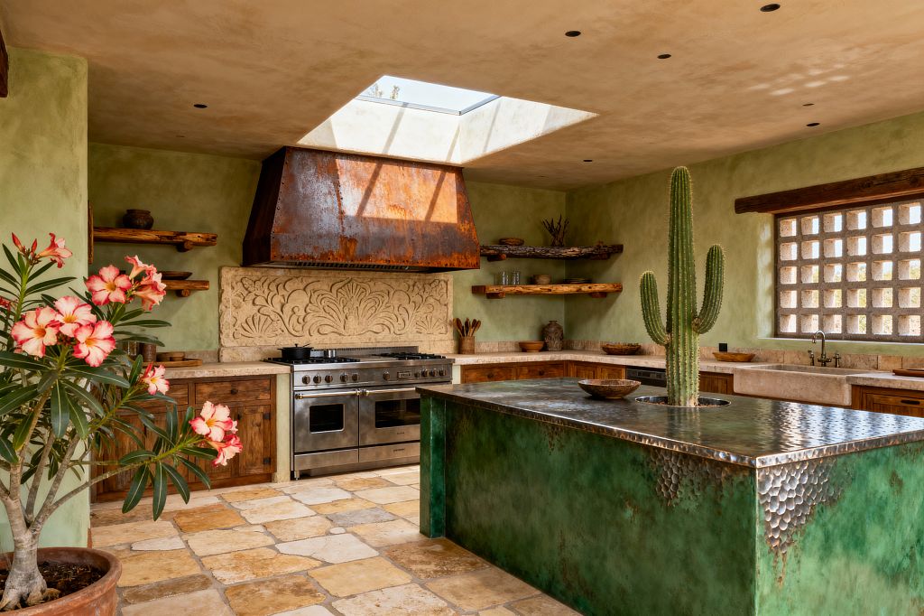 Southwestern kitchen with sage plaster walls, a large skylight, and a verdigris hammered-copper island featuring a tall cactus planter. A rusted metal range hood sits over a stainless steel range, backed by a carved limestone backsplash. Rough-hewn wood shelves and knotty wood base cabinets frame stone countertops. Tumbled travertine floor tiles, a thick stone farmhouse sink, and a breezeblock window complete the earthy, sunlit space.