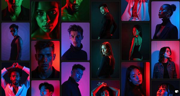 A vibrant collage of portraits featuring diverse individuals illuminated with RGB lighting.