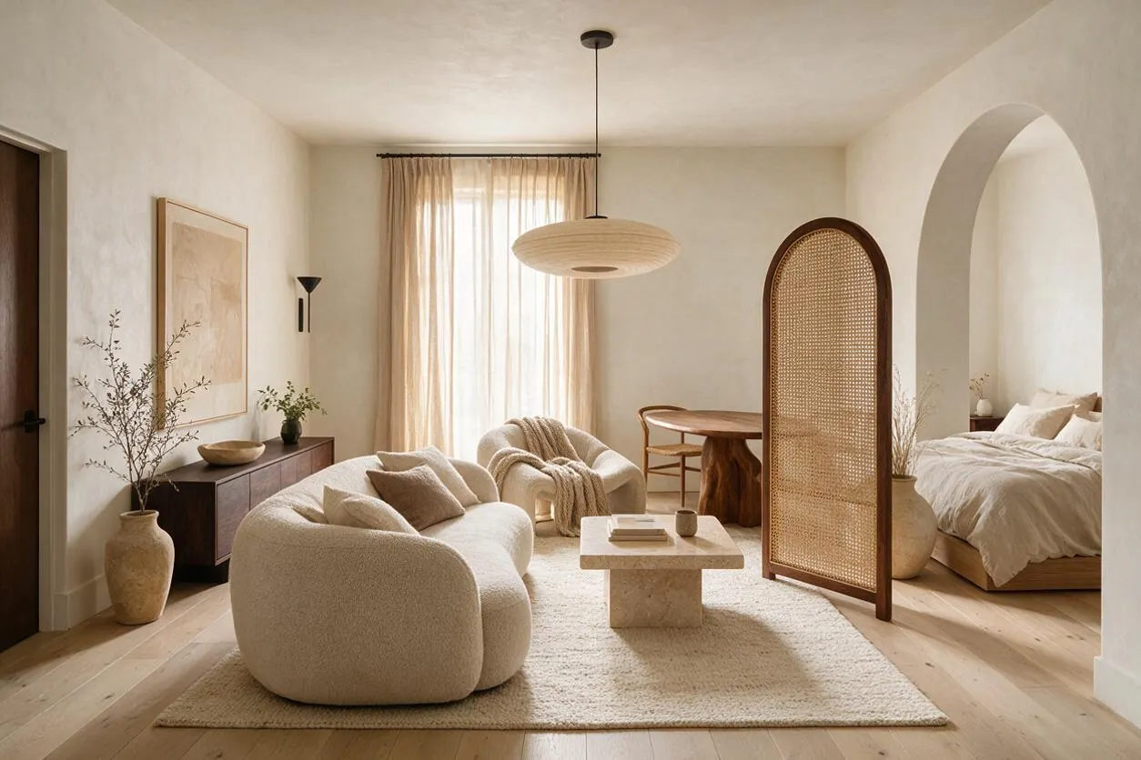 A serene studio apartment with a cream boucle sofa on a textured rug, a stone coffee table, and a woven pendant light. An arched rattan screen separates the living area from a cozy bed nook, while natural wood furniture, linen drapery, and soft beige walls create a warm organic modern feel.