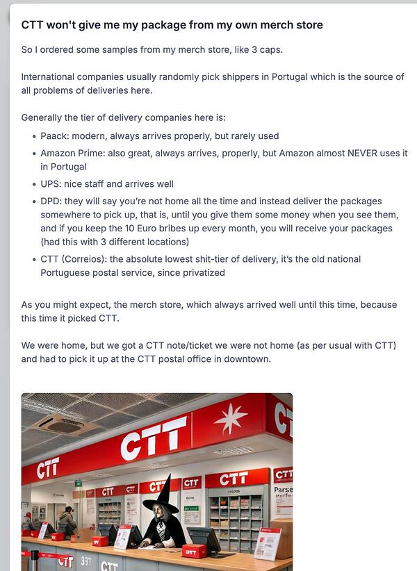 A CTT postal office scene featuring a staff member in a witch costume.