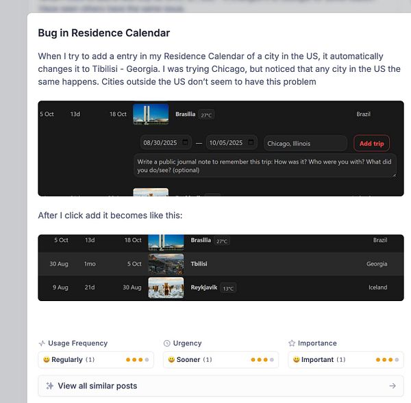 The image displays a bug report for a Residence Calendar application, highlighting an issue with city data entries.