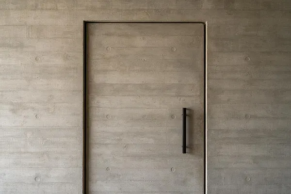 A minimalist concrete wall with a centered flush door blends into the surrounding surface. The door has a slim vertical black handle, and the exposed concrete shows horizontal formwork lines and subtle circular impressions, emphasizing the raw, sculptural Brutalist aesthetic.