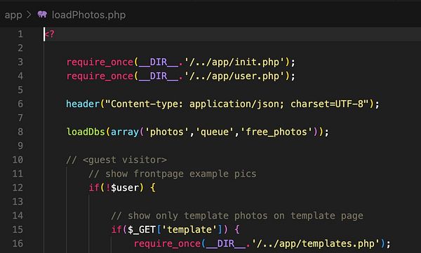 The image displays a snippet of PHP code from a file named loadPhotos.php.