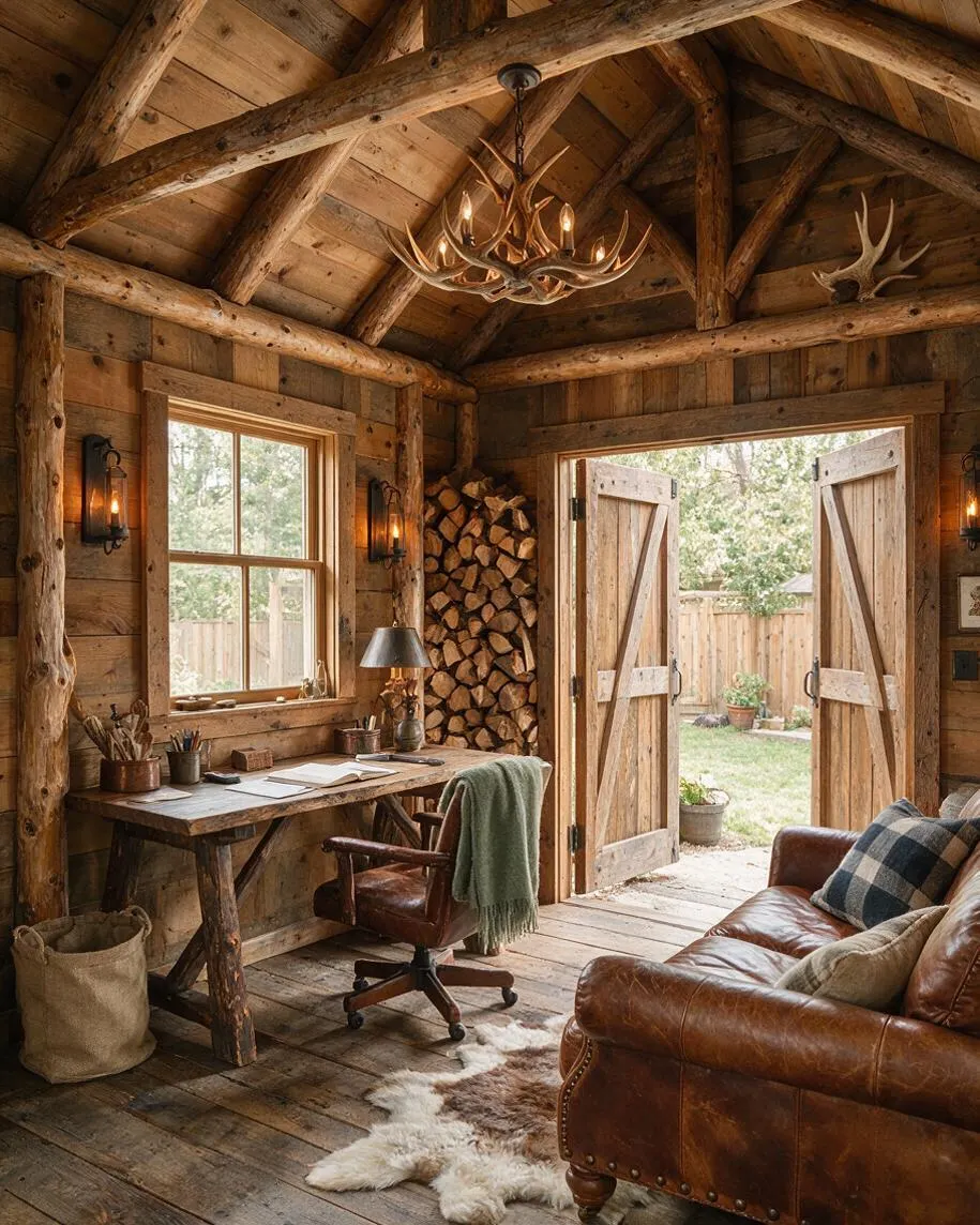 A rustic backyard cabin interior with rough-hewn log beams, plank wood walls, and a vaulted ceiling. The room includes a leather sofa, a live-edge desk, stacked firewood, antler chandelier, and open double doors leading to a small fenced yard.