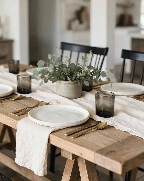 A farmhouse dining table set with white ceramic plates, gold flatware, smoky glass tumblers, and a linen runner over a natural wood table. A small stone vase with eucalyptus sits in the center, and black spindle-back chairs add contrast in the softly blurred background.