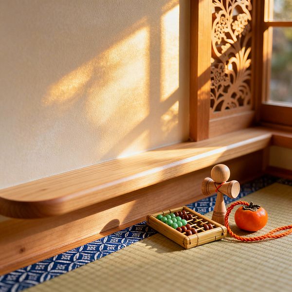 A sunlit corner of a Japanese kids’ room shows a low wooden window ledge beside a floral carved wood screen. A woven tatami mat with an indigo patterned border defines the play area. On the floor are a wooden kendama, a small bamboo abacus with green and brown beads, and a bright orange persimmon next to an orange cord. Warm afternoon light glows across the cream wall and honey wood, creating a calm, minimal setting for quiet play.