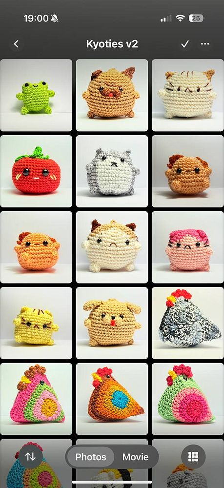 A grid of colorful crocheted plush toys, known as Kyoties, displayed in a photo gallery format.