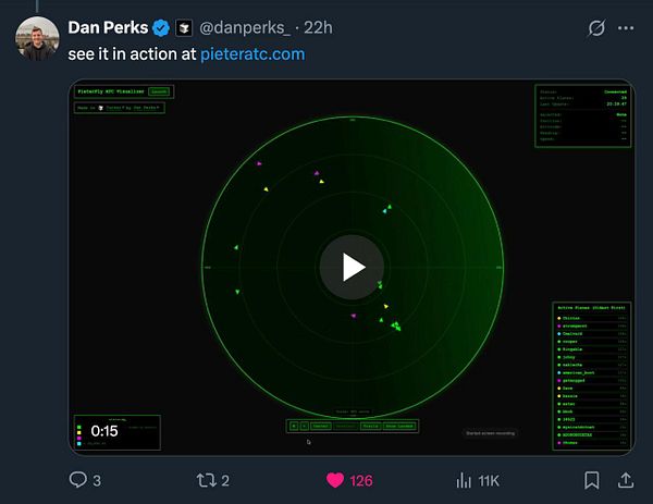 The image displays a radar-like interface showing flight data for pieteratc.com.