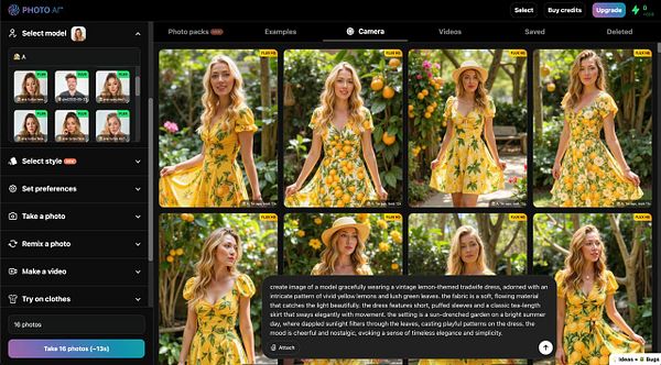 A user interface mockup for a photo editing application featuring a model in a lemon-themed dress.