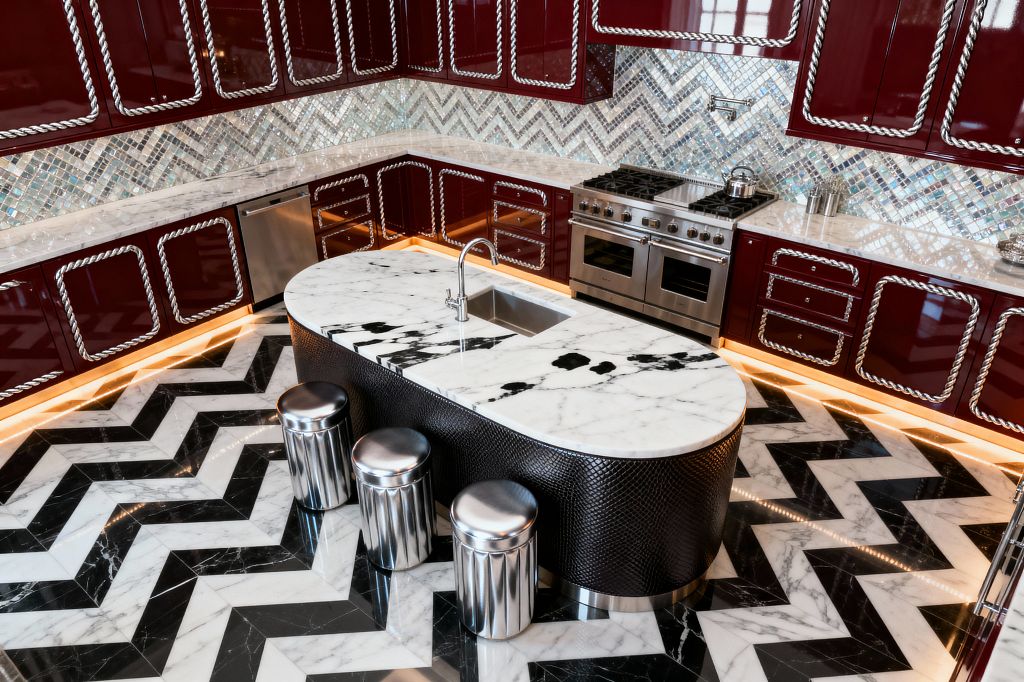 A glamorous kitchen features glossy burgundy cabinetry outlined with rope-style chrome trim and white marble counters. At the center, an oval island with a white-and-black veined marble top and a black textured base pairs with three polished chrome stools, while a bold black-and-white chevron marble floor, iridescent mirrored-glass herringbone backsplash, stainless steel pro range and dishwasher, a small undermount sink with gooseneck faucet, and warm LED toe-kick lighting complete the Hollywood Regency scene.