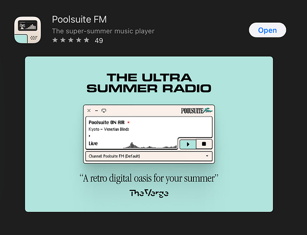 Screenshot of the Poolsuite macOS app playing music on a laptop with a playlist and track details visible.