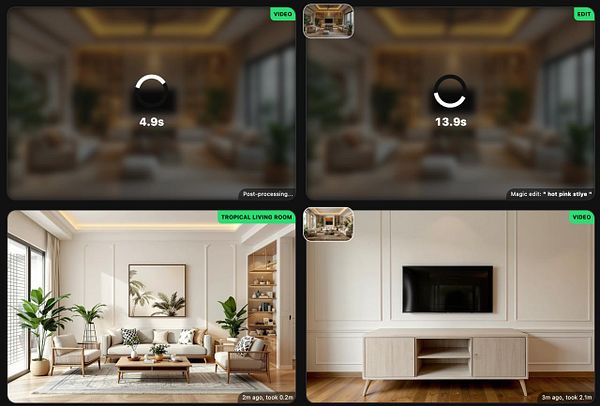 The image displays a user interface for editing and processing interior design videos with various sections showing loading times and edited images.