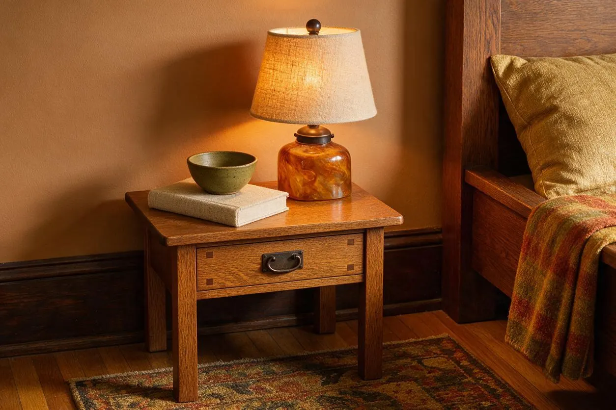 A Craftsman-style bedroom vignette with a small oak bedside table holding a glowing table lamp, a green bowl, and two stacked books. The scene includes a wooden bed frame, a textured throw blanket, a patterned rug, and warm brown wall tones.