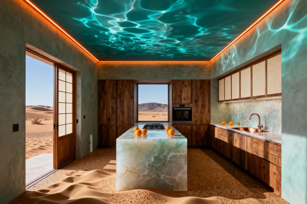 A surreal kitchen opens to desert dunes, with sand drifting across a cork-look floor. A translucent mint-green onyx island with a gas cooktop stands central, surrounded by walnut cabinetry and woven-cane upper fronts. A copper sink and faucet sit against a coordinating onyx backsplash. Rippling aqua light animates the teal ceiling and upper walls, edged by an amber LED cove, while oranges dot the counters and a window frames a distant rocky landscape.
