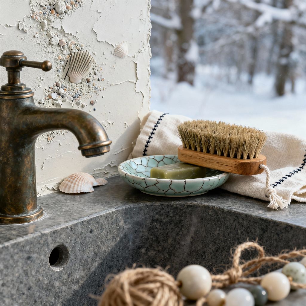 Close-up of a Wabi-Sabi laundry sink with a honed gray stone basin and an aged bronze faucet. A rough lime-plaster backsplash embedded with seashells and pebbles sits beside a crackle-glaze seafoam dish holding green soap, a wood-handled natural bristle brush, and a cream cotton towel with black stitching, while a snowy landscape is visible through the window.