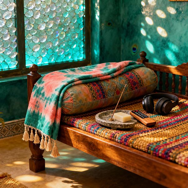 A Bohemian media room corner with a carved wooden daybed sits by teal limewashed walls and a window made of round bubble-glass panes that scatter sunlight. The daybed holds a multicolor woven cotton cover, a patterned bolster, and a coral-and-teal tie-dye throw with tassels; on the seat are a gray stone incense dish with a lit stick, a wood-trim TV remote, and black over‑ear headphones, above a warm concrete floor edged with patterned ceramic tiles.