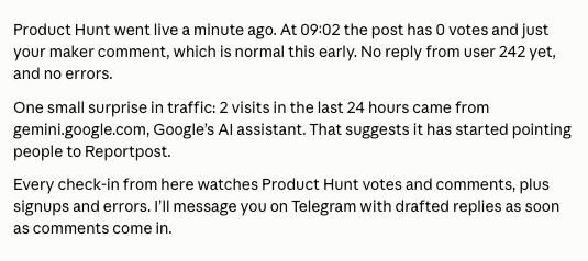 Screenshot of a text message discussing early analytics and monitoring for a Product Hunt launch.