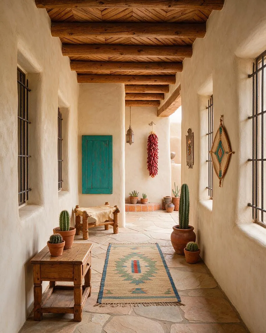 A narrow Southwestern front porch with smooth adobe-style walls, exposed log ceiling beams, and barred windows on both sides. The space includes a turquoise wall cabinet, rustic wooden table and bench, terracotta pots with cacti, woven wall decor, and a patterned runner on a stone floor.