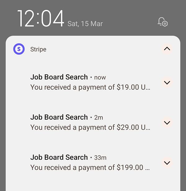 The image displays a mobile notification screen showing recent payment alerts from Stripe.