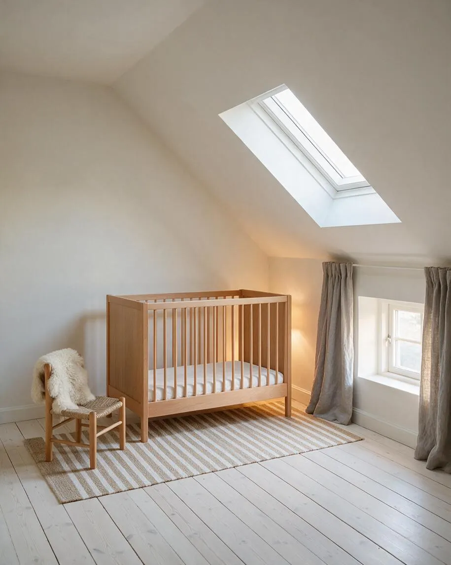 A serene Scandinavian nursery with a natural wood crib centered on a striped rug, a small wooden chair with a sheepskin throw beside it, and soft gray curtains framing a low window. White painted floorboards, sloped walls, and a skylight create a bright, airy atmosphere.