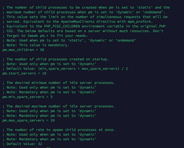 The image displays a configuration file snippet for optimizing PHP-FPM settings.