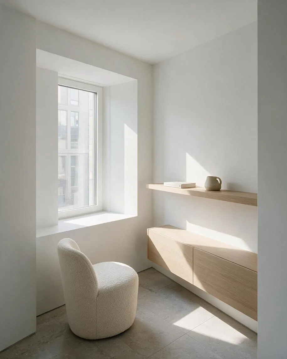 A bright minimalist sunroom with white walls, a large recessed window, and warm wood built-ins. A textured cream lounge chair sits on a pale stone floor beside a floating shelf holding a small book and ceramic vase, with sunlight casting soft geometric shadows across the room.
