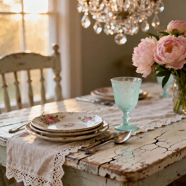 A shabby chic dining table with cream chippy paint is styled with a linen runner trimmed in lace, stacked floral porcelain plates, and patinated silver flatware. A seafoam pressed-glass goblet and a jar of pink peonies sit beneath a sparkling crystal chandelier, with a distressed spindle-back chair and warm evening light from a nearby window creating a soft, romantic atmosphere.