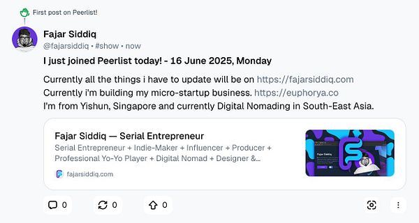 A social media post announcing the user's joining of Peerlist, featuring their profile and personal details.