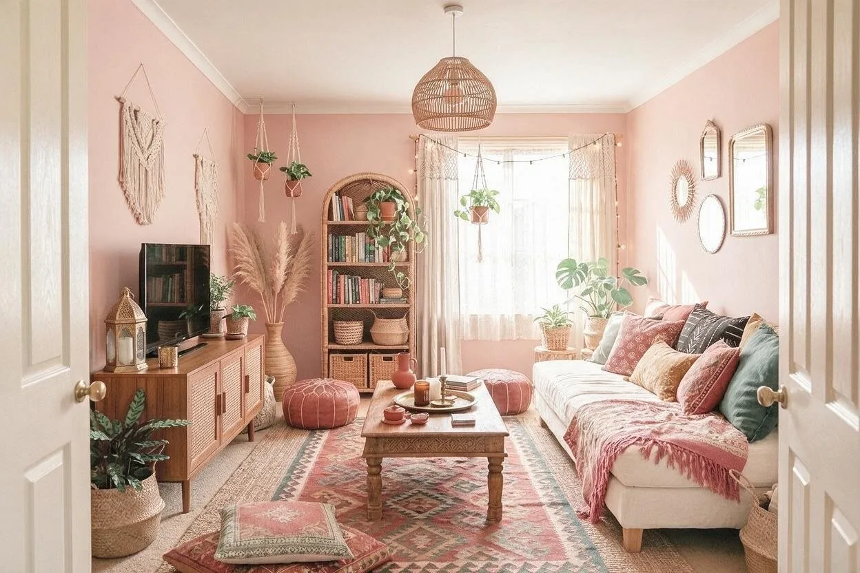 The same Boho living room in the Desert Rose palette: blush, cream, dusty rose, clay, and sage