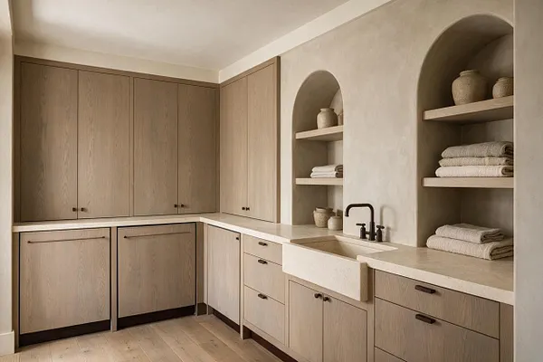 A serene laundry room with light oak cabinetry wrapping the walls, a pale stone countertop, and a deep apron-front sink with a dark faucet. Open arched niches display folded towels and neutral ceramic jars, while the soft beige plaster walls and wood flooring create a calm organic modern look.