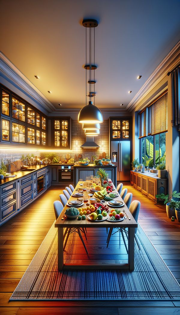 A residential kitchen illuminated by LED lights with high CRI, showcasing how the colors of food and kitchen elements appear vibrant and true to life.