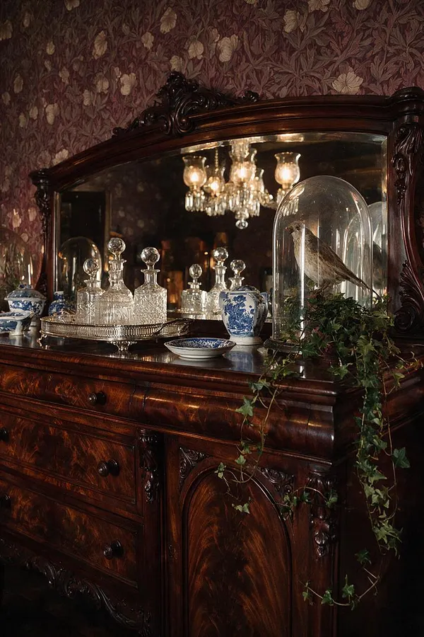 A richly carved dark wood Victorian dresser stands against floral wallpaper, topped with crystal decanters, blue-and-white porcelain, and a glass cloche containing a bird. An ornate mirror reflects a chandelier, and trailing ivy softens the formal arrangement.