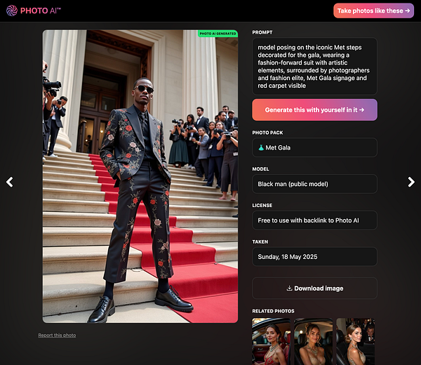 A model poses on the steps of the Met Gala, showcasing a stylish floral suit amidst a crowd of photographers.