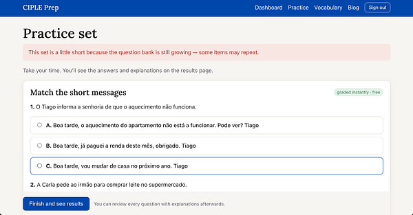 Screenshot of a mobile app interface showcasing a multiple-choice practice question with selectable answer options and a progress indicator.